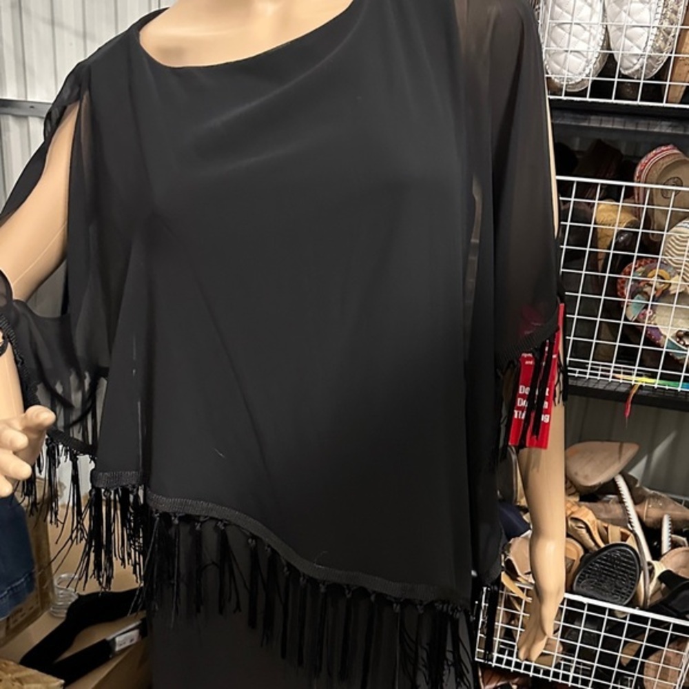 NWT. R & M Richards Black cape short sleeve Fringe Midi Dress size 14